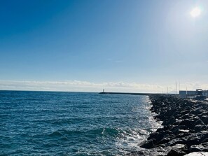 A coastal scene with a rocky shoreline, a lighthouse in the distance, and a clear sky.