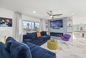 Smart TV, fireplace, video games, ping pong
