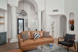 TV, fireplace, offices - Handsome Modern • Pool, Putt, Views, Near Taliesin (Scottsdale)