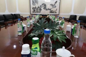 Un salón de conferencias con una larga mesa, sillas, botellas de agua, una planta en maceta y un cuadro en la pared.