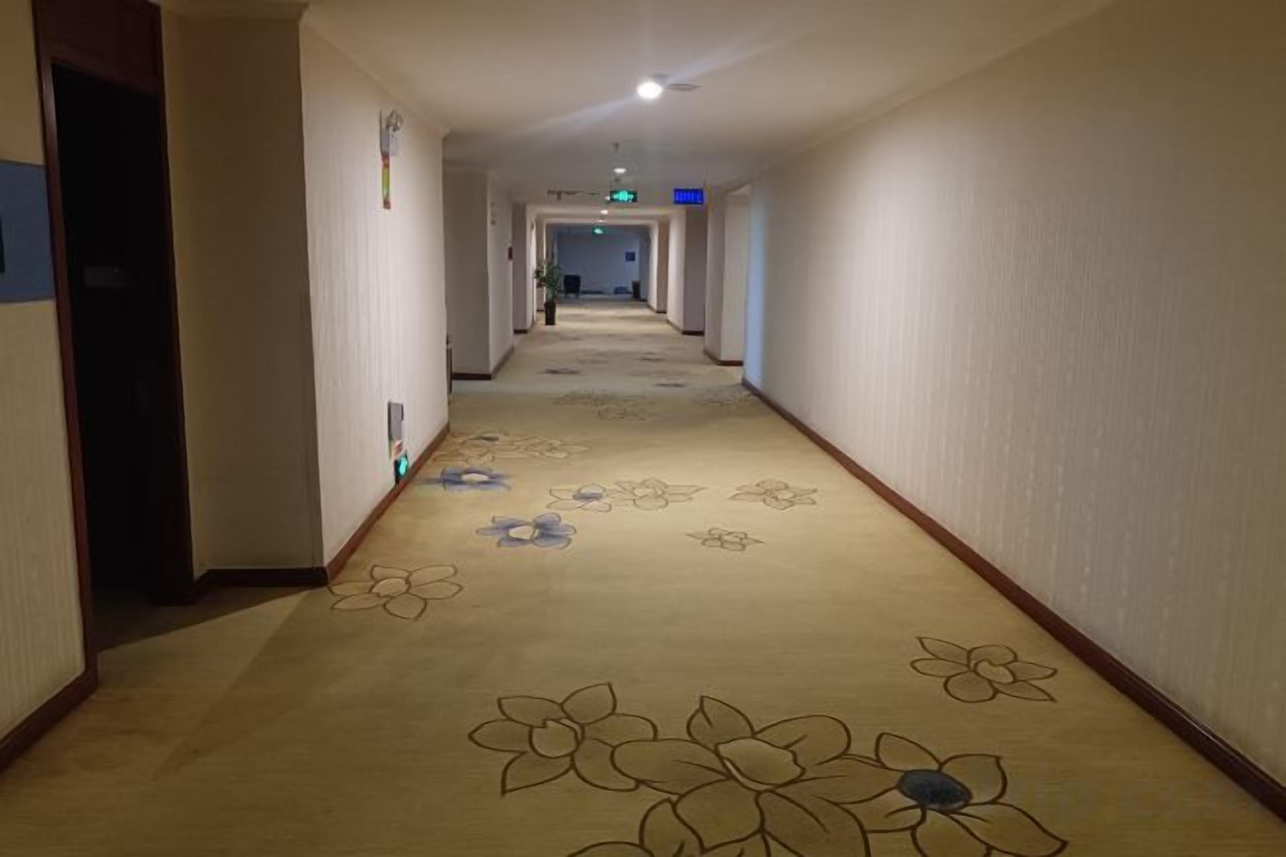 Un pasillo de hotel con alfombra estampada con motivos florales, pared de color claro y una puerta a la izquierda.