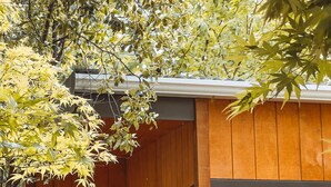 A wooden building with a door and windows, surrounded by trees. - Ora Retreat (Queenstown)
