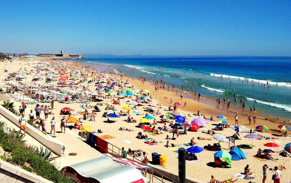 A crowded beach with numerous umbrellas and people.