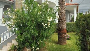 Un immeuble résidentiel doté d’un balcon, d’un palmier et d’un jardin agrémenté de fleurs blanches.