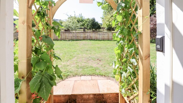 Une pergola en bois, ornée de plantes grimpantes, dans un jardin.