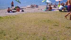 Ein Strand am See mit Menschen, die in der Sonne baden und sich unter Sonnenschirmen entspannen.