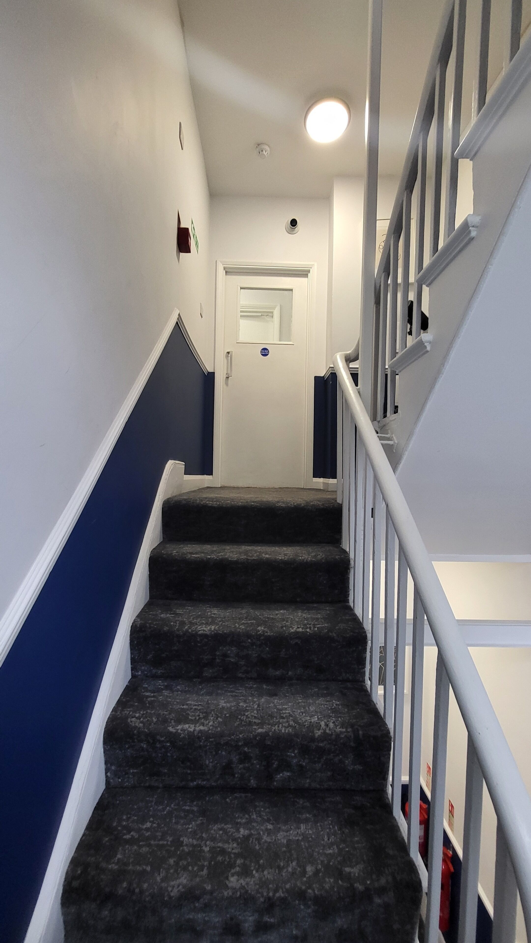 A staircase with dark carpeted steps, white railings, and a white door at the top.