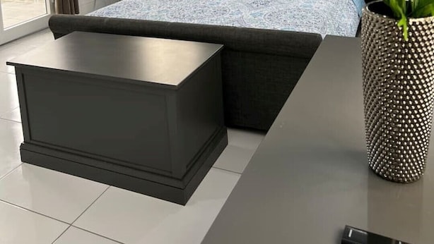 A modern bedroom with a bed, bedside tables, a floor lamp, and a large mirror. - Beautiful contemporary apartment in the heart of Rodney Bay! (Rodney Bay)