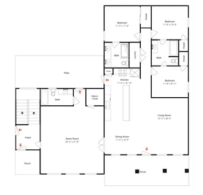 A floor plan of a hotel with multiple bedrooms, a kitchen, a dining room, a living room, a game room, a foyer, a bathroom, a patio, and a porch.