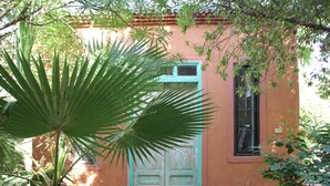 Un bâtiment avec une porte et des fenêtres vertes, entouré de verdure.