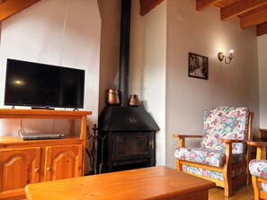 A living room with a television, a fireplace, wooden furniture, and a floral chair.