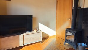 Huoneessa on televisio, joka on sijoitettu puiseen kaappiin, siinä on puinen ovi ja musta puukamiina.