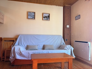 Une pièce avec un plancher en bois, un canapé bleu clair agrémenté de deux coussins, une table en bois et un radiateur.