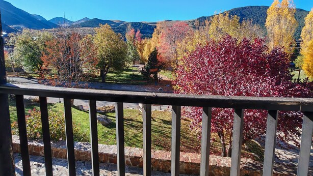 Un balcon avec vue sur un parc, des arbres et des montagnes.