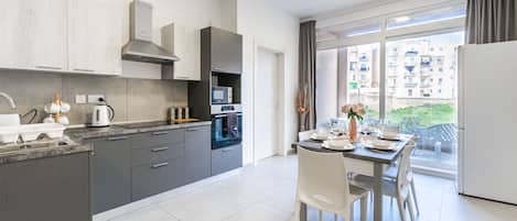 Fridge, microwave, oven, electric kettle