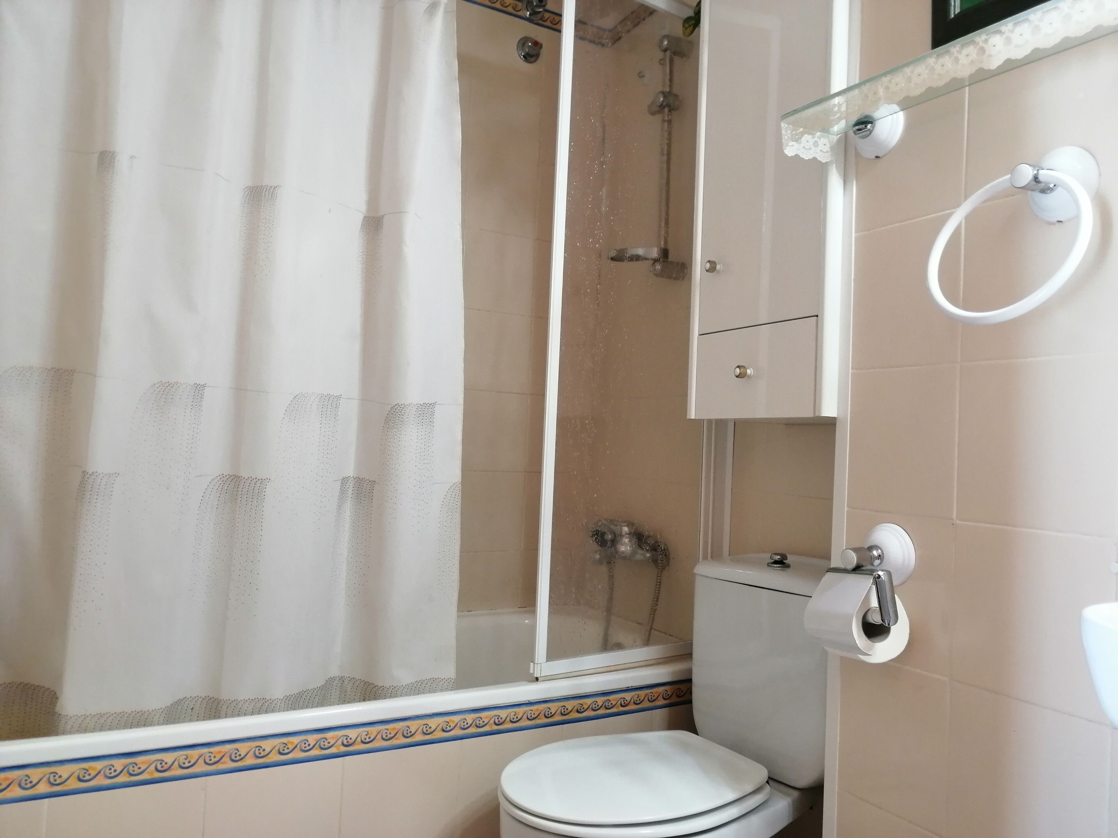 A bathroom with a shower, toilet, and a towel rack.