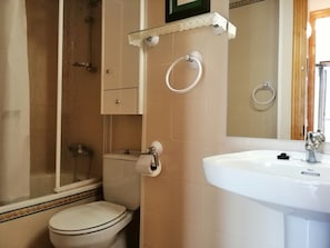 A bathroom with a toilet, a sink, a shower, and a mirror.