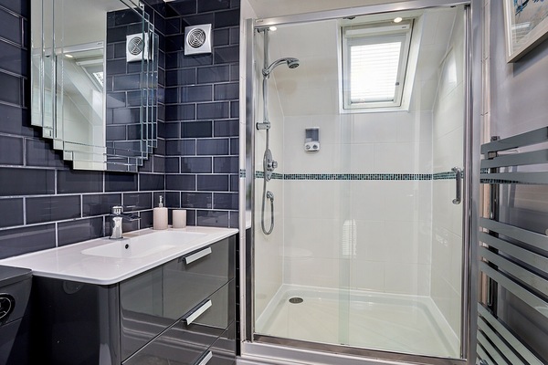 Shower, towels, soap, toilet paper