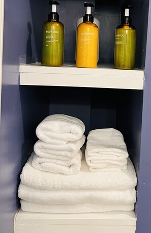 Combined shower/bathtub, hair dryer, towels, soap