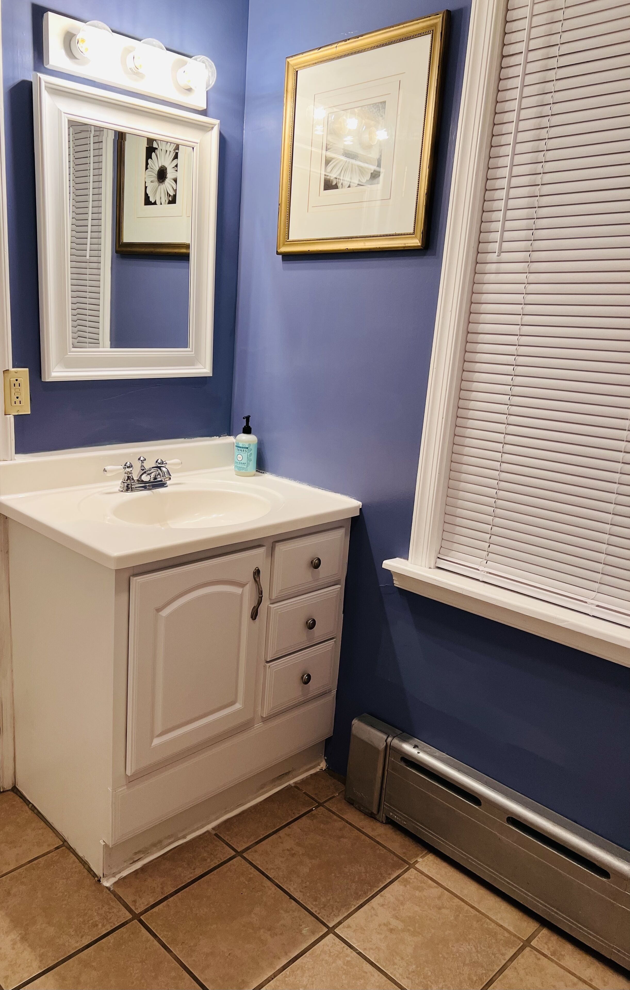 Une salle de bain avec un meuble-lavabo blanc, un miroir avec éclairage intégré, un tableau encadré au mur et une fenêtre avec des stores.