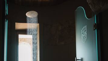 A room with a wooden ceiling, a window with water cascading down, and a door with a crest emblem.