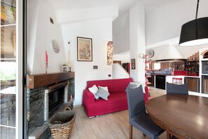 Télévision, cheminée, chaîne hi-fi