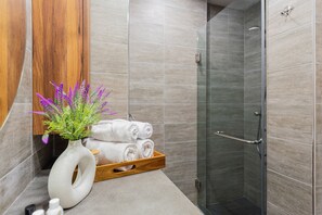 Apartamento Premium, 1 habitación, balcón | Baño | Ducha, secador de pelo, zapatillas y toallas