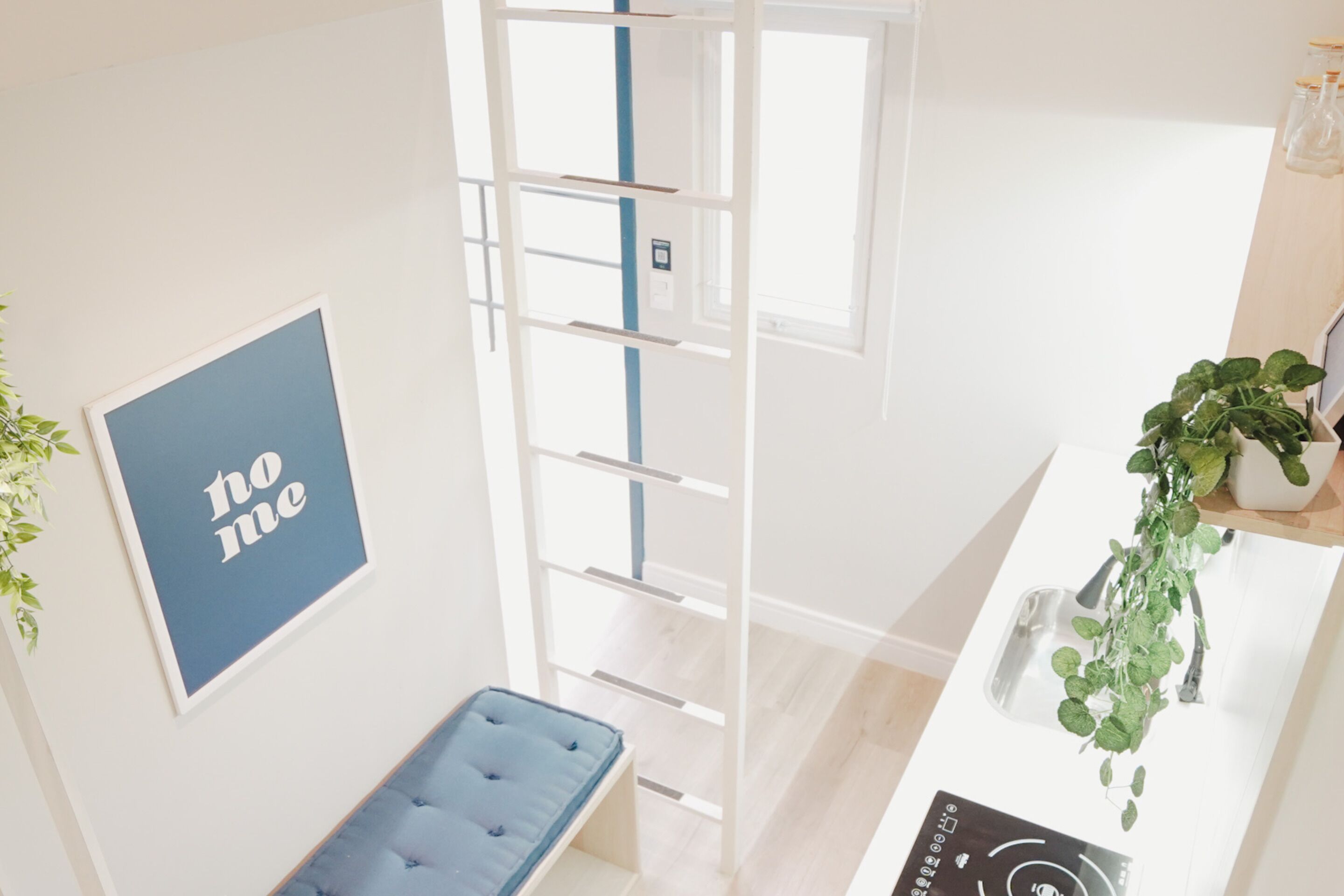 A room with a white wall, a blue bench, a ladder, a framed picture with the word "home", and a potted plant.