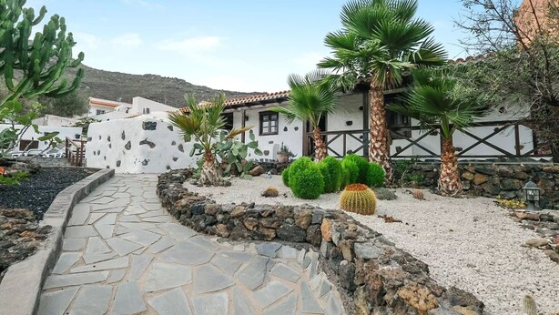 Une cour avec un chemin en pierre, des cactus, des palmiers et un bâtiment à la façade blanche et aux poutres en bois.