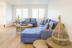 TV, fireplace, books