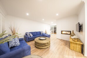 TV, fireplace, books