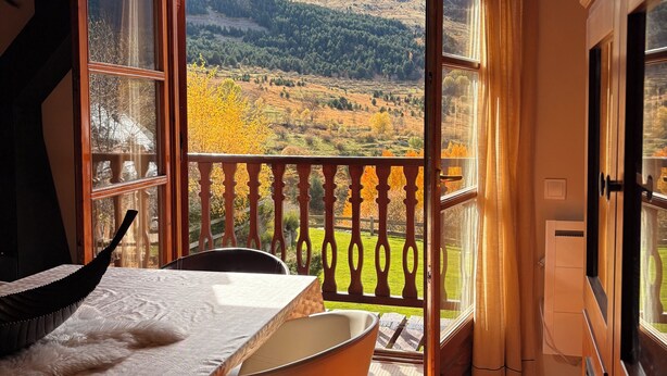A room with a wooden ceiling, a bed with a white cover, a table with chairs, and a view of a mountainous landscape through an open door.