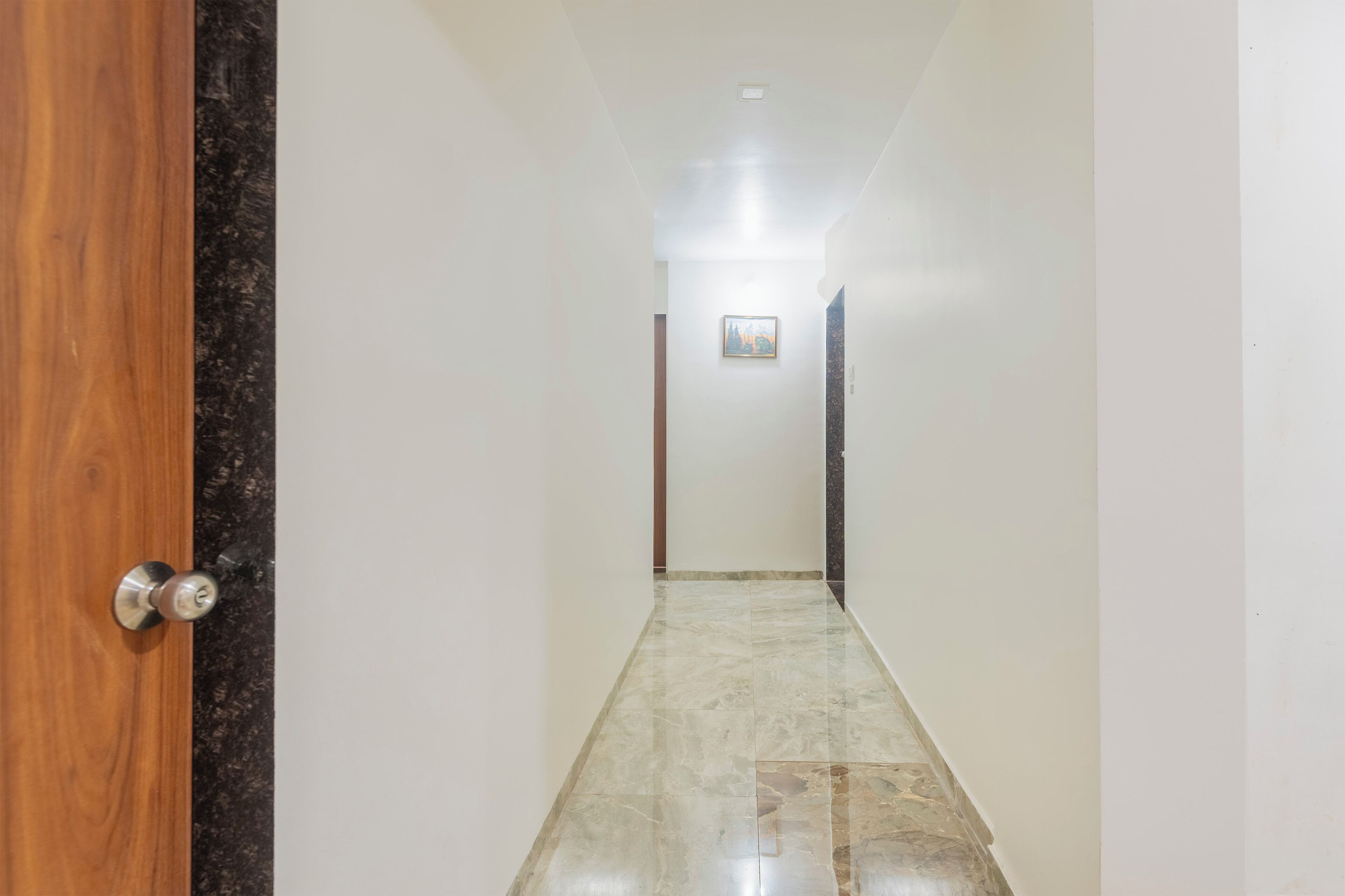 A hallway with a wooden door, a marble floor, and a framed picture on the wall.