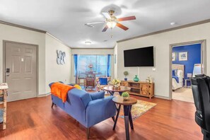 Smart TV, fireplace, books