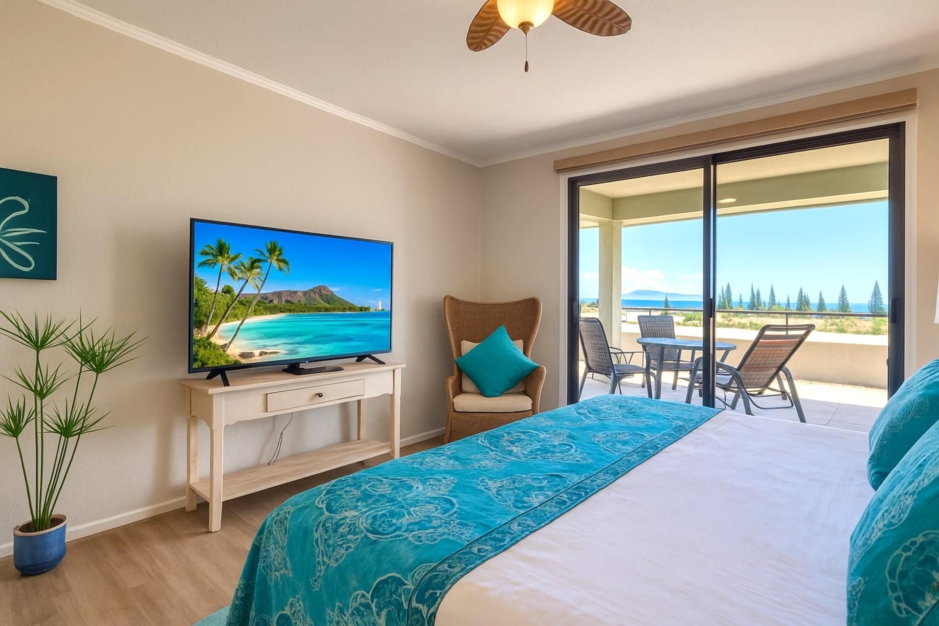 A hotel room with a bed, a TV displaying a tropical beach scene, a balcony with chairs, and a view of the ocean.