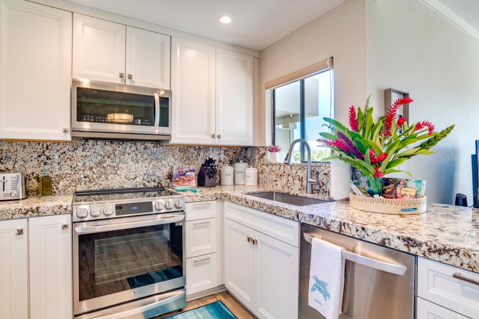 A kitchen with white cabinets, a granite countertop, stainless steel appliances, and a window with a view.