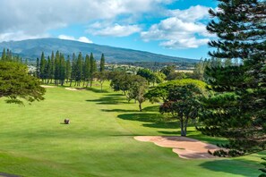 A golf course with a clear view of the surrounding landscape, including trees and distant mountains.