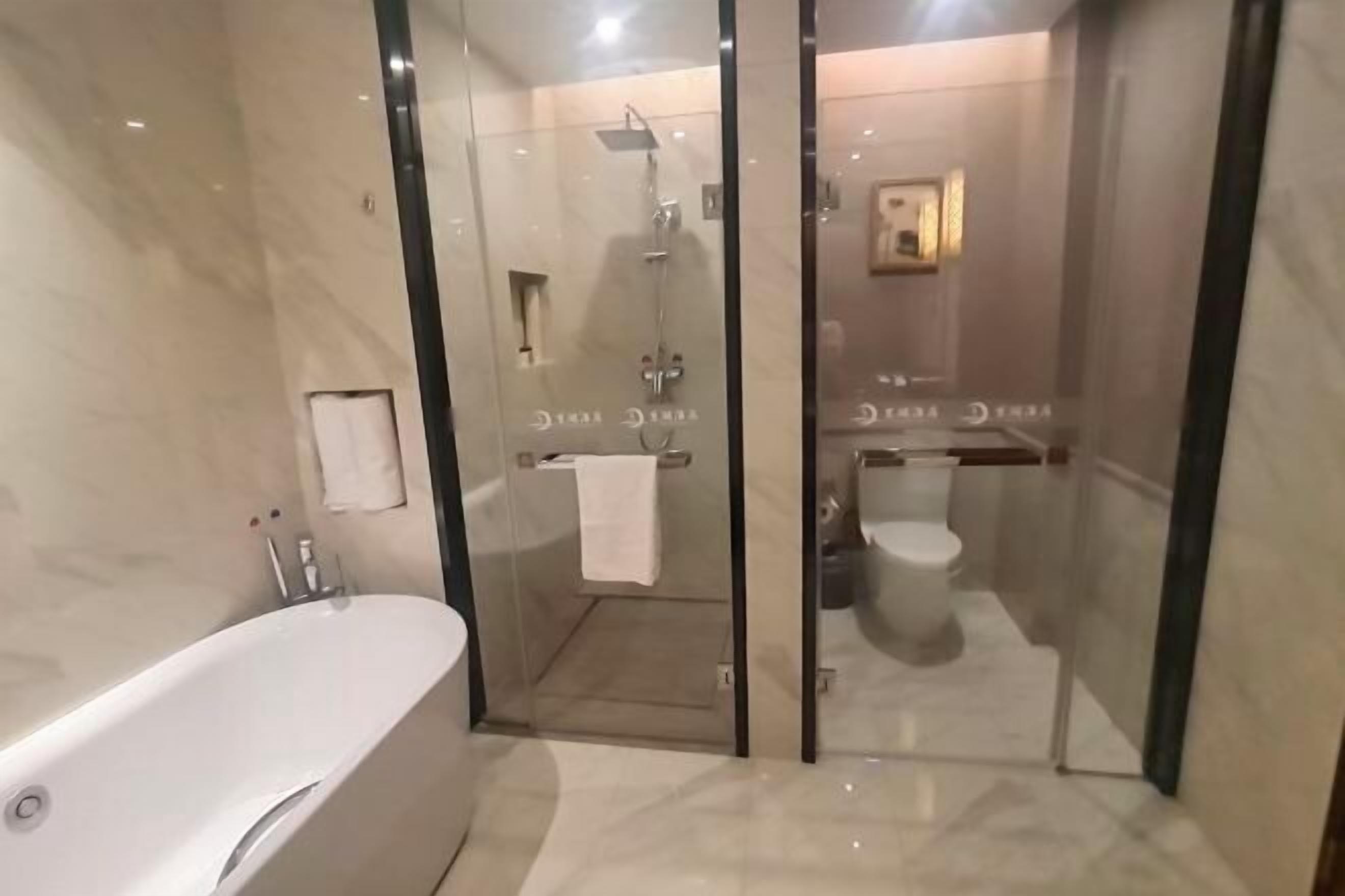 Un baño moderno con ducha envuelta en vidrio, una bañera independiente y un inodoro.