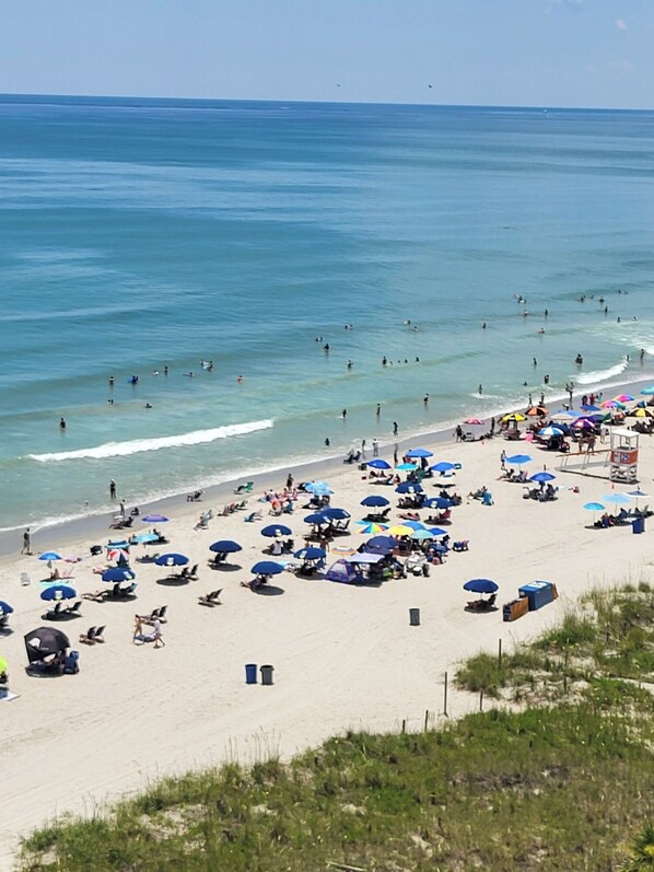 On the beach, sun loungers