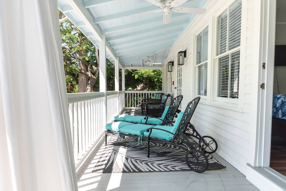 A covered porch with white railings, a ceiling fan, and a patterned rug.