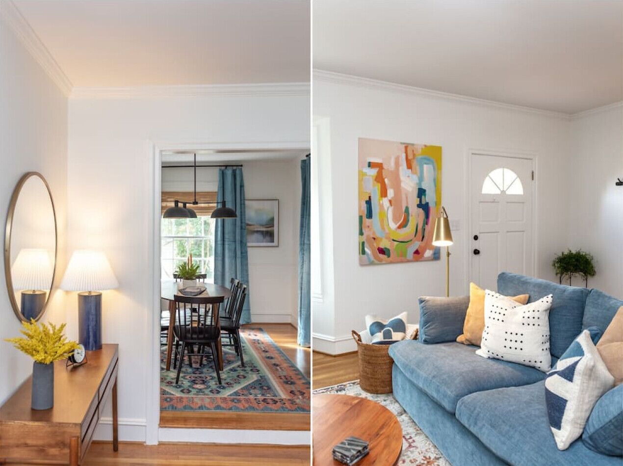 Smart TV, fireplace, books, music library