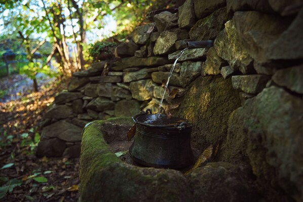 A rustic stone wall with a metal pot and a faucet.