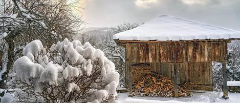 A rustic wooden cabin with a snow-covered roof, surrounded by snow-laden trees and a pile of firewood.
