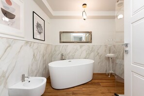 Bathtub, hair dryer, bidet, towels