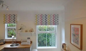 A kitchen with two windows, a sink, a toaster, and a framed picture on the wall.
