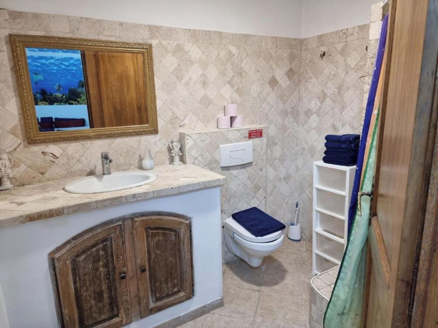 A bathroom with a sink, mirror, toilet, and a shower area.