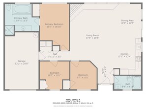Plano de planta de un apartamento de 115 metros cuadrados, con una zona de estar de 115 metros cuadrados, un pasillo de 3,6 x 1,0 metros, dormitorios de 3,3 x 3,0 y 2,9 x 2,6 metros, un garaje de 3,7 x 6,3 metros y un baño de 2,9 x 1,4 metros.