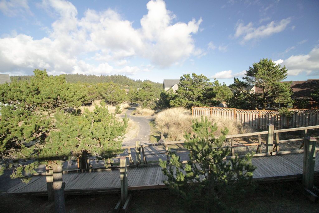 Um deck de madeira com vista para uma área arborizada e um caminho que leva a um edifício.