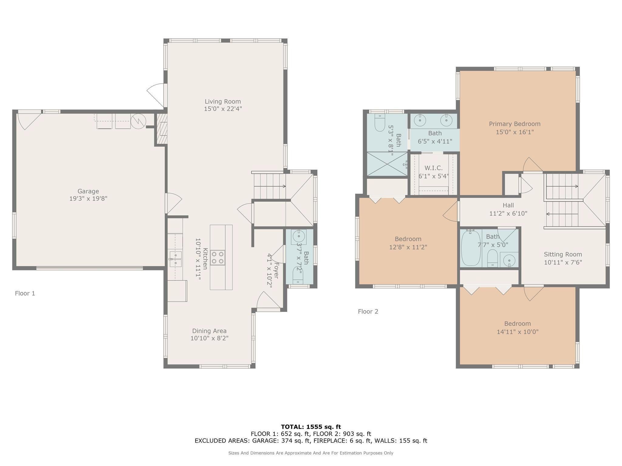 A two-floor apartment layout with a living room, kitchen, dining area, garage, and multiple bedrooms.