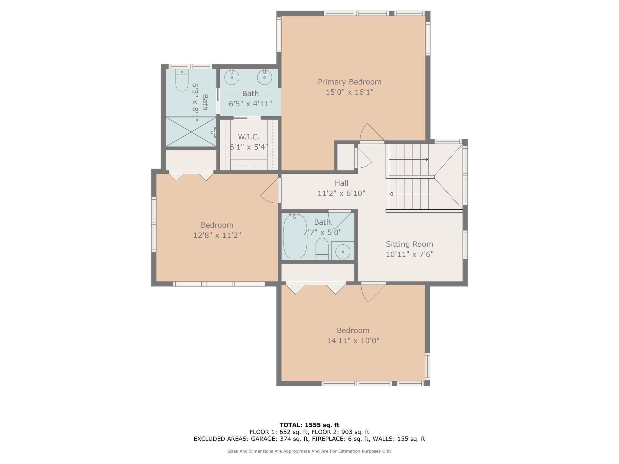 A floor plan of a 2-story building with a total area of 1555 sq. ft. The primary bedroom measures 15' x 16'1", the largest room. The building includes two bedrooms, a sitting room, a hall, and a W.I.C. (wet room) with a bath.